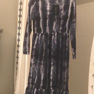 Navy Tie Dye Print Frill Hem Midi dress